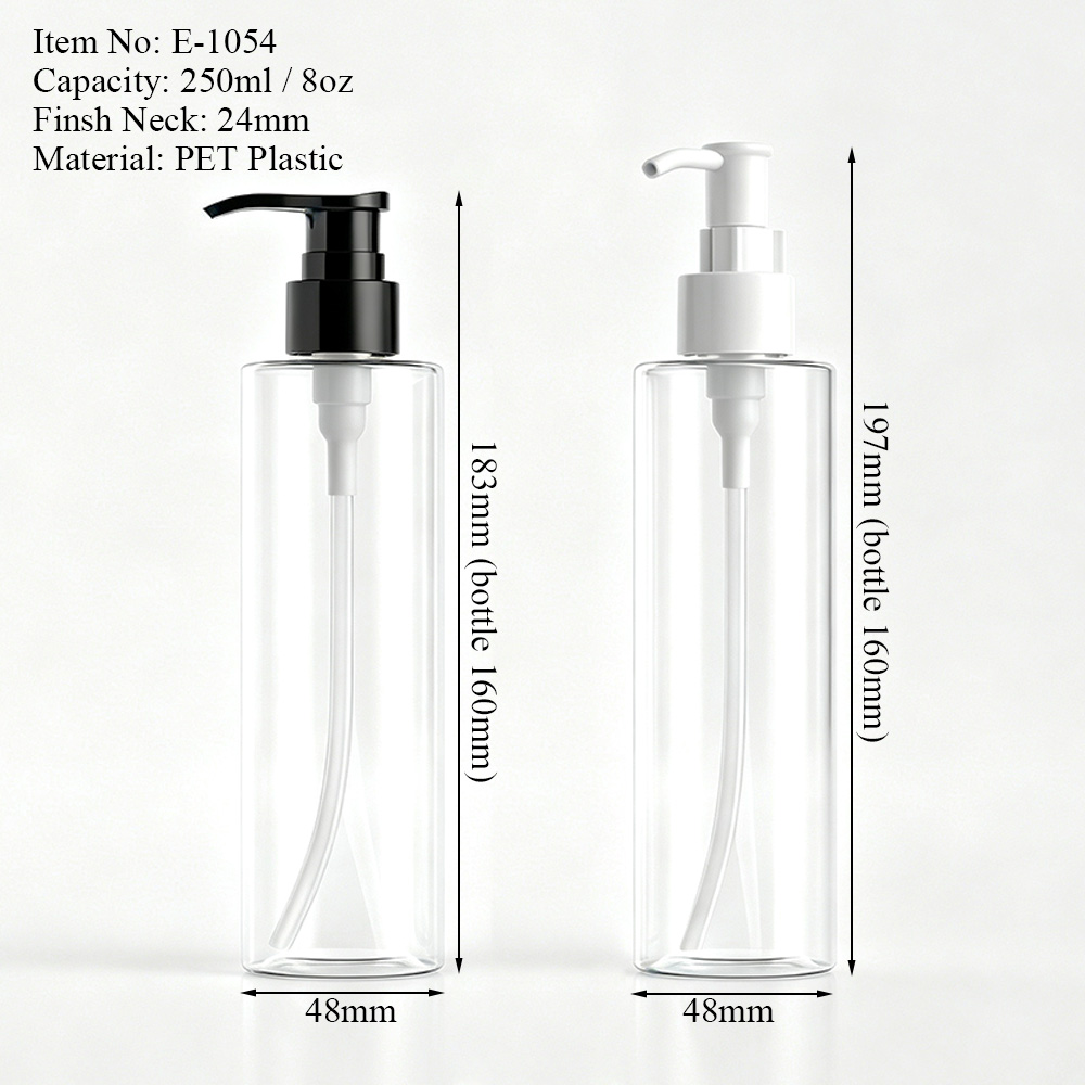 250ml Clear PET Cylinder Lotion Pump Bottle Dimensions