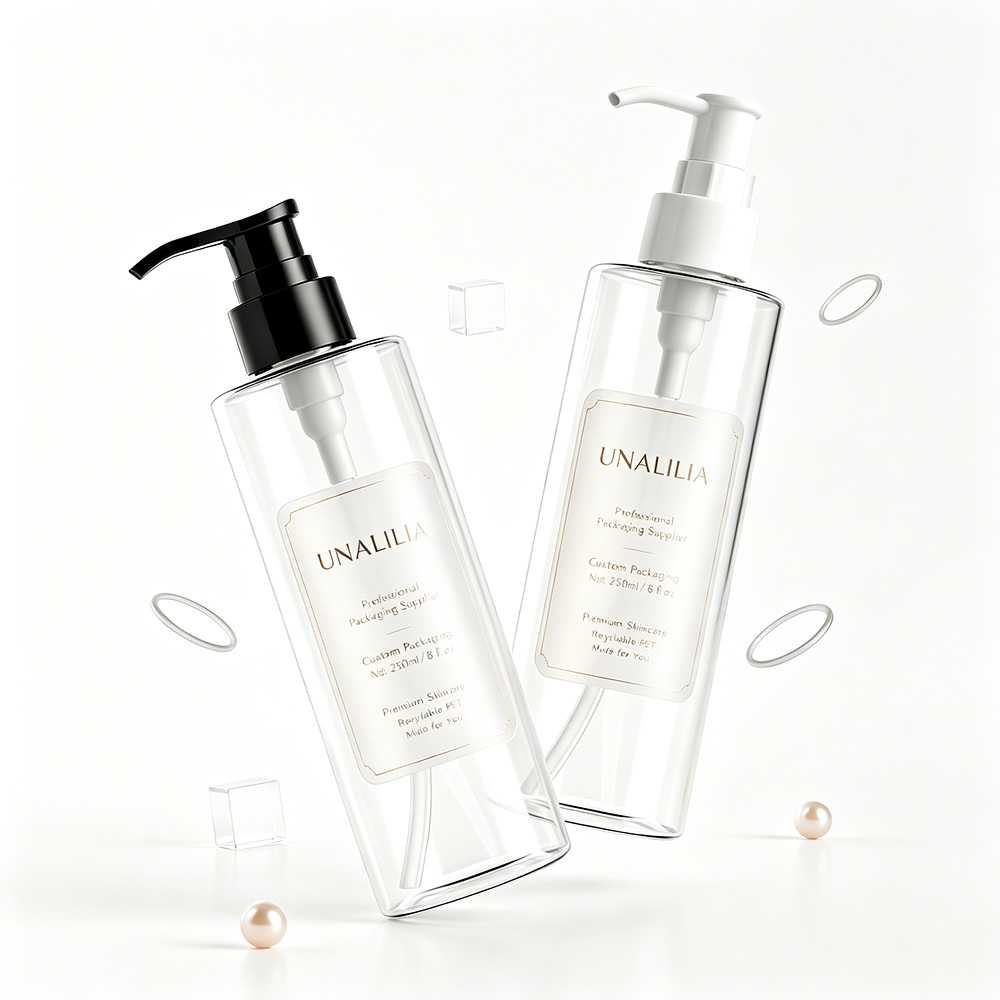 250ml Clear PET Cylinder Lotion Pump Bottle with Custom Label