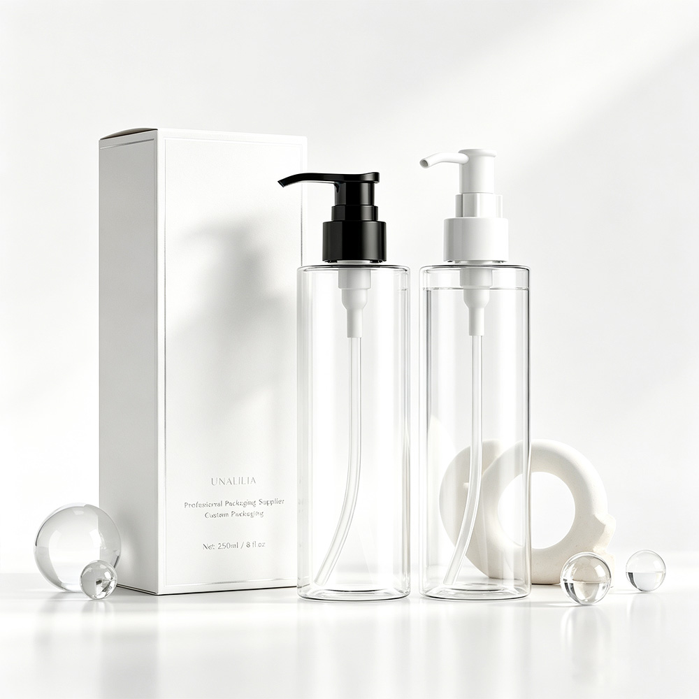 250ml Clear PET Cylinder Lotion Pump Bottle with Packaging Box