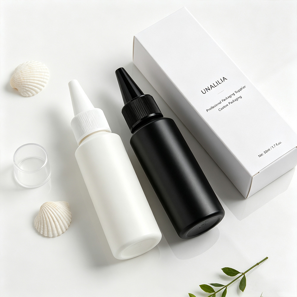 1.7 oz HDPE slant shoulder applicator bottle with twist top cap and packaging box for hair care and salon products