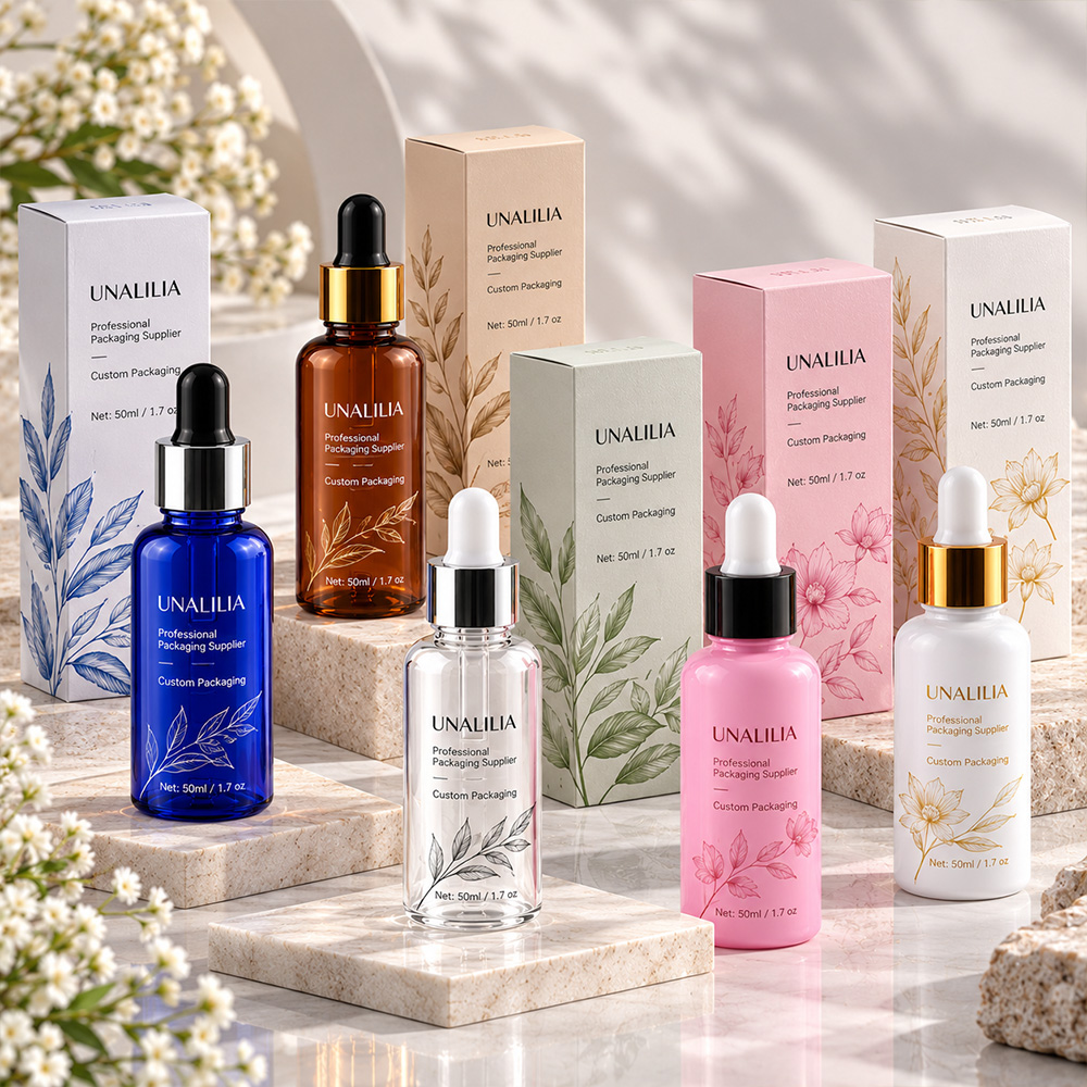 1.7 oz PET serum dropper bottle with dropper closure and packaging box for facial serum beauty oil and skincare products