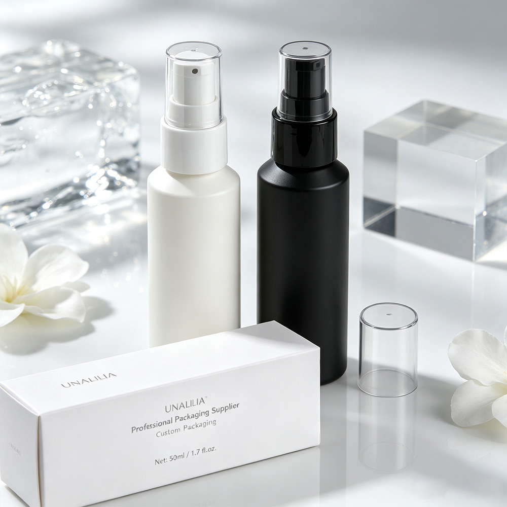 1.7 oz HDPE slant shoulder treatment pump bottle with packaging box for skincare and beauty products