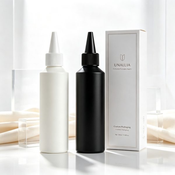 HDPE 100ml slant shoulder applicator bottle with 20/410 twist top cap and packaging box for hair and scalp care products
