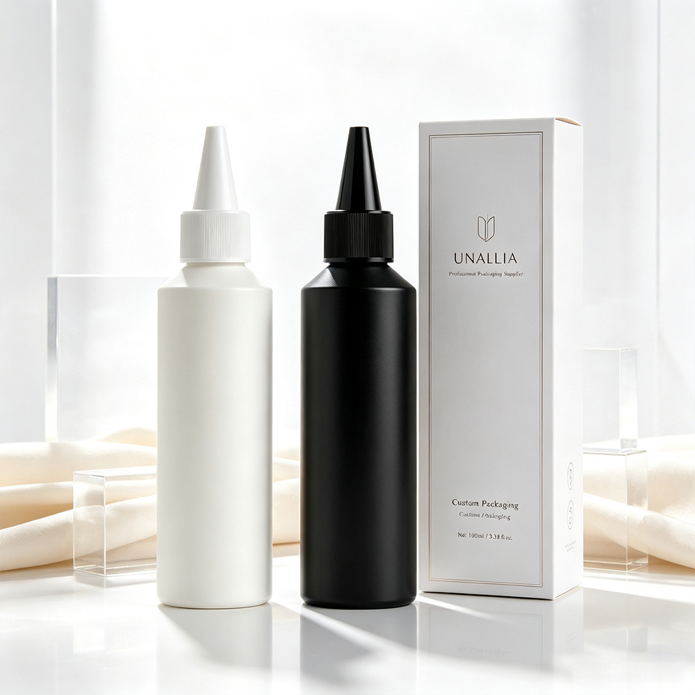 HDPE 100ml slant shoulder applicator bottle with 20/410 twist top cap and packaging box for hair and scalp care products