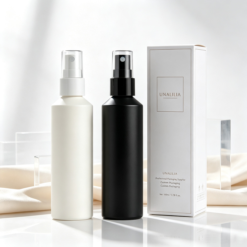 HDPE 100ml slant shoulder fine mist spray bottle with 20/410 sprayer and packaging box for hair care and beauty products