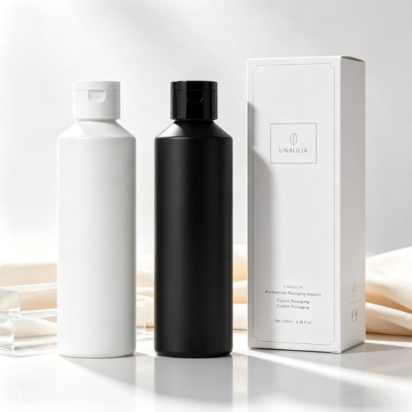 100ml slant shoulder flip top bottle in white and black HDPE with 20/410 flip top cap and packaging box for hair care and personal care products