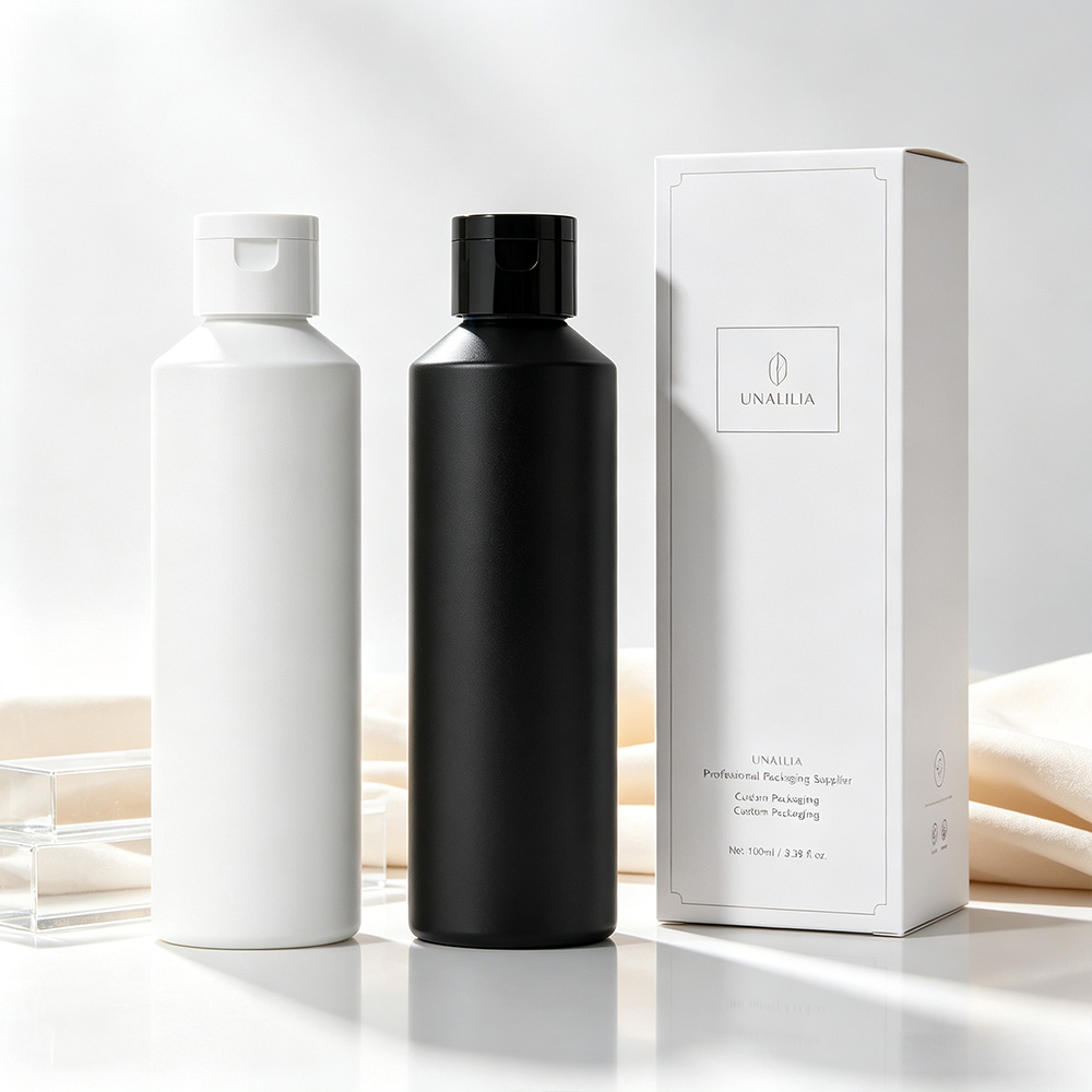 100ml slant shoulder flip top bottle in white and black HDPE with 20/410 flip top cap and packaging box for hair care and personal care products