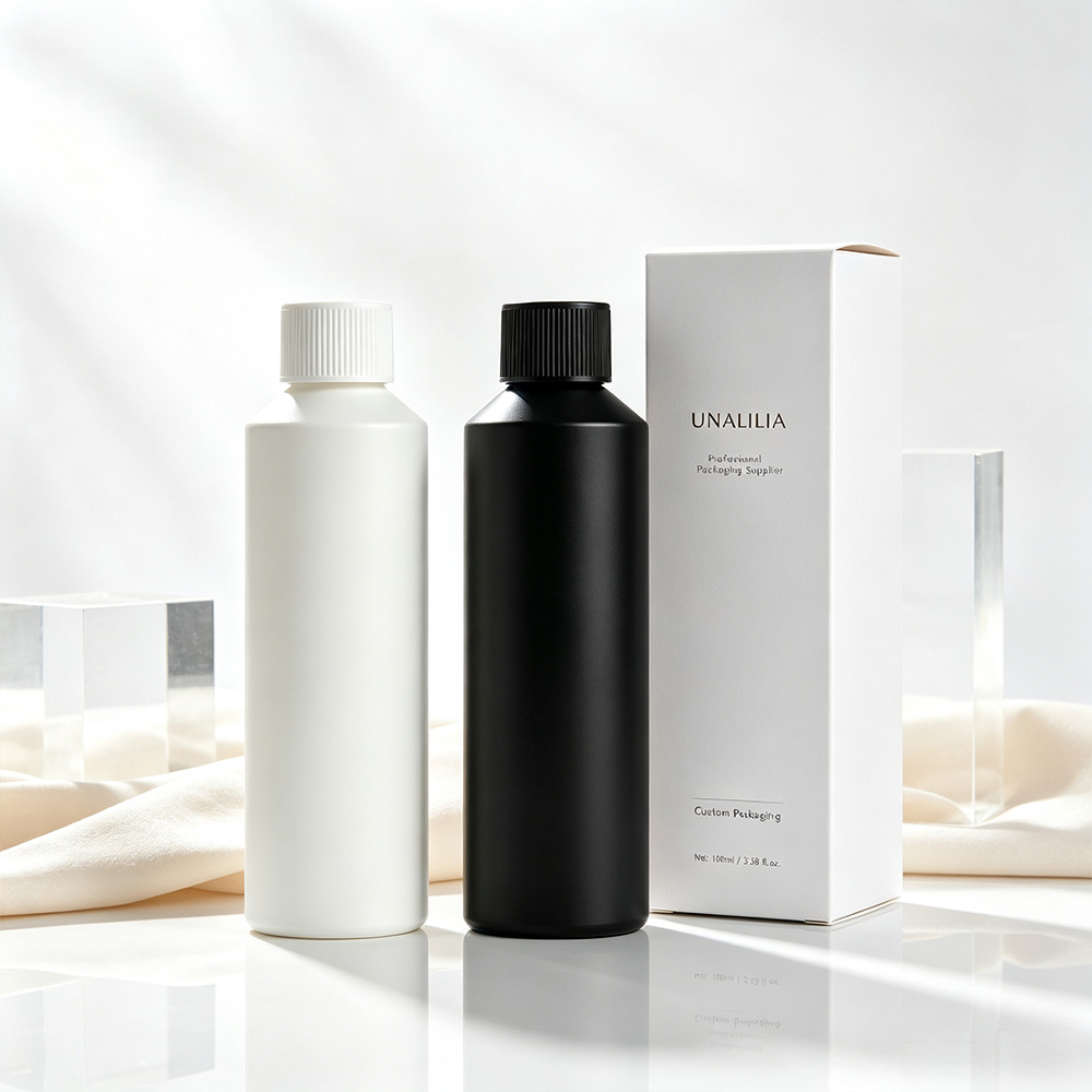 HDPE 100ml slant shoulder bottle with 20/410 ribbed screw cap and packaging box for personal care products