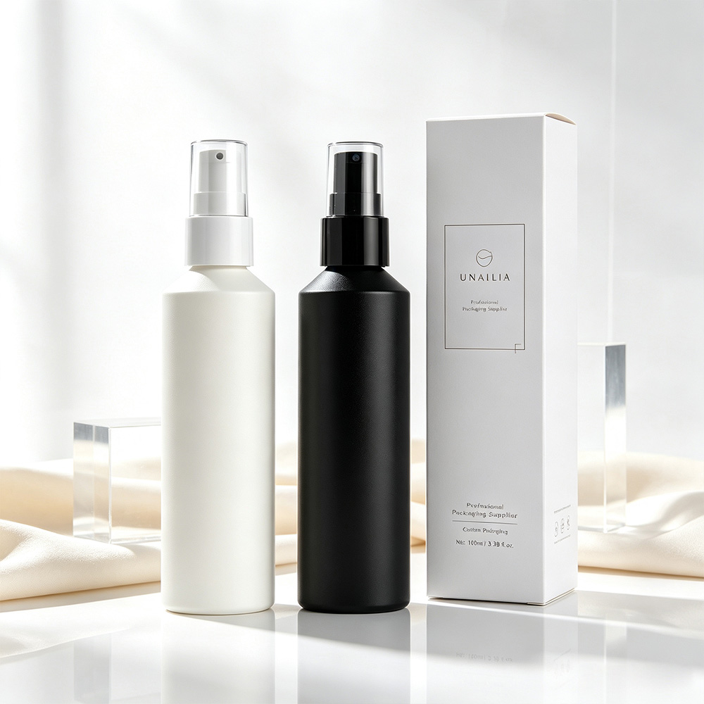 HDPE 100ml slant shoulder treatment pump bottle with 20/410 pump and packaging box for skincare and beauty products