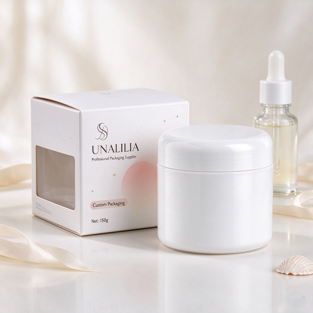 150ml plastic cream jar in white PET with 63/400 screw cap and packaging box for skincare and beauty products