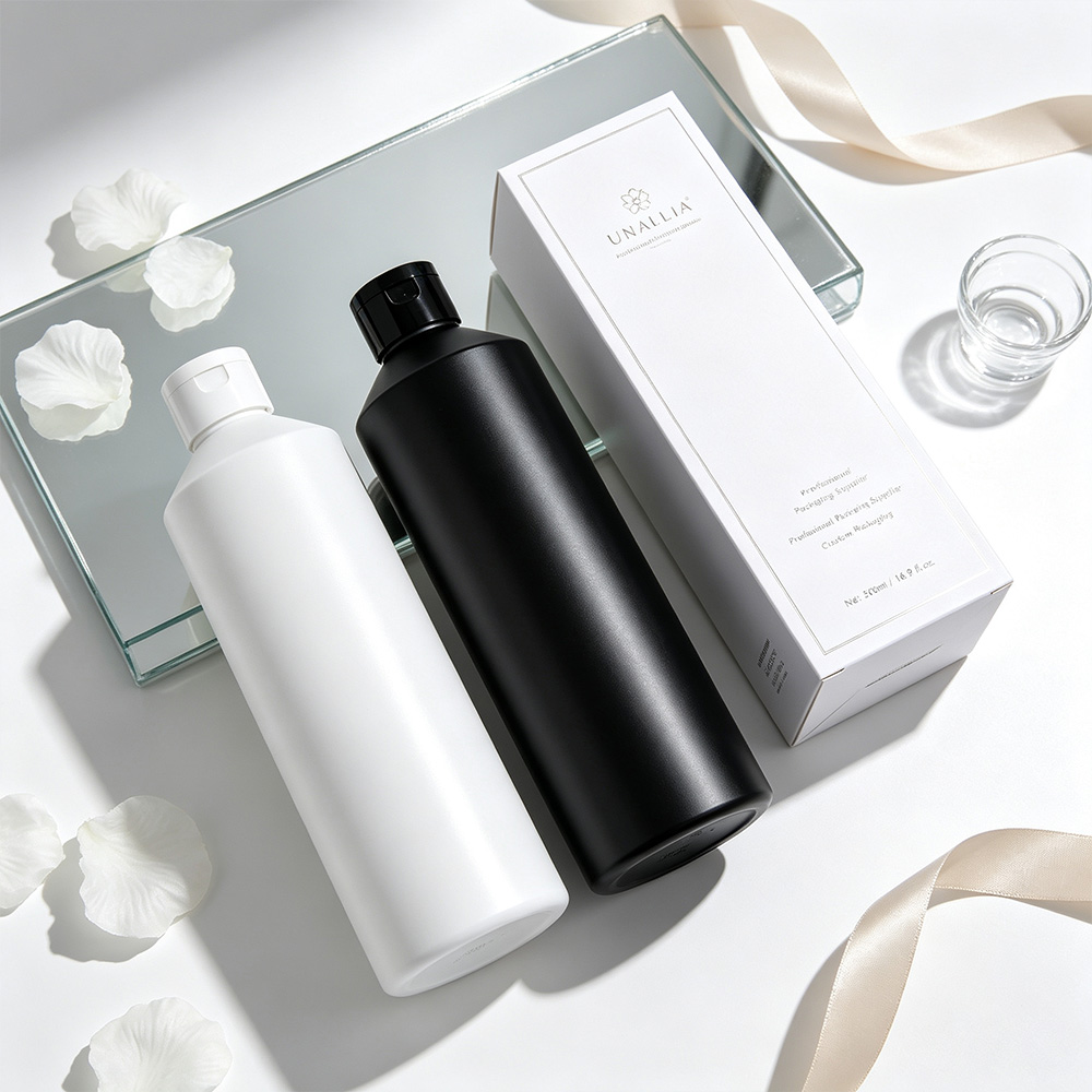 16.9 oz HDPE slant shoulder squeeze bottle with flip top cap and packaging box for shampoo hair care and body care products