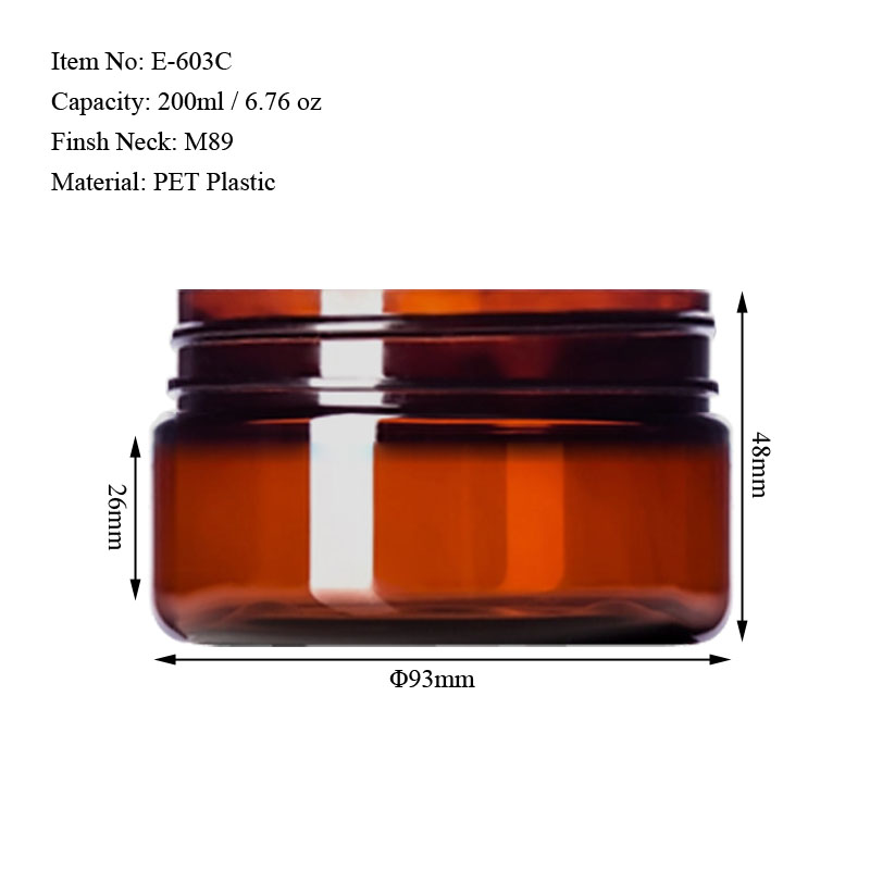 200ml amber PET plastic jar dimensions with wide 89/400 neck finish and screw cap