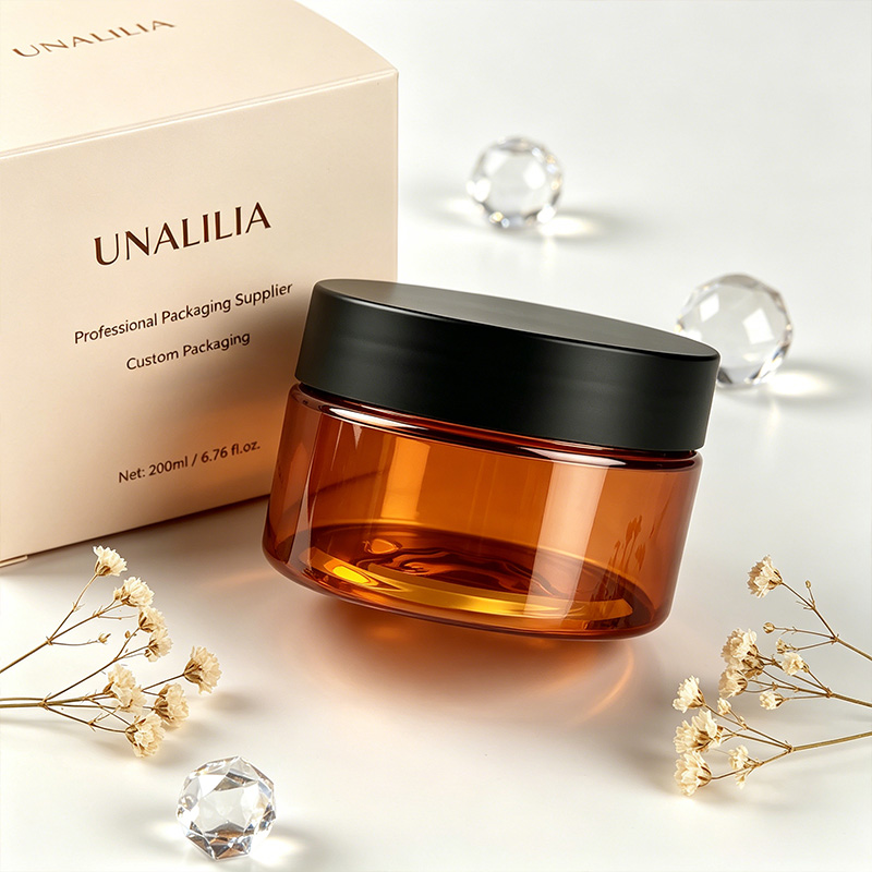 200ml amber wide mouth plastic jar with screw cap and packaging box for body care and hair care products