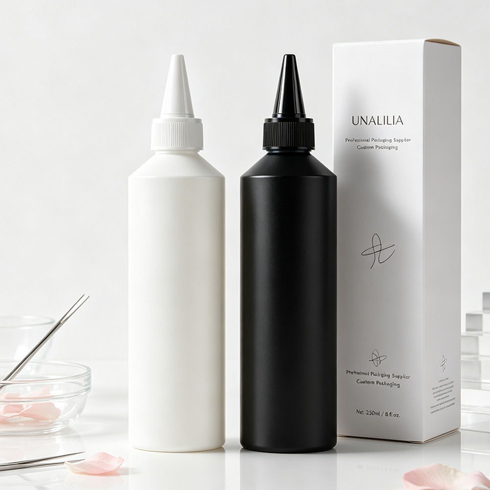 HDPE 250ml slant shoulder applicator bottle with 24/410 twist top cap and packaging box for hair and scalp care products
