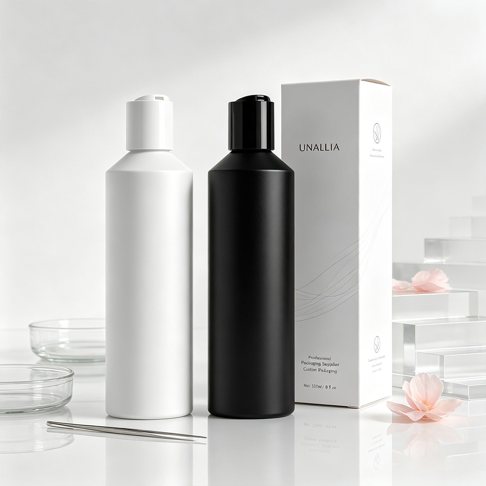 250ml HDPE slant shoulder disc top squeeze bottle with 24/410 cap and packaging box for shampoo and personal care products