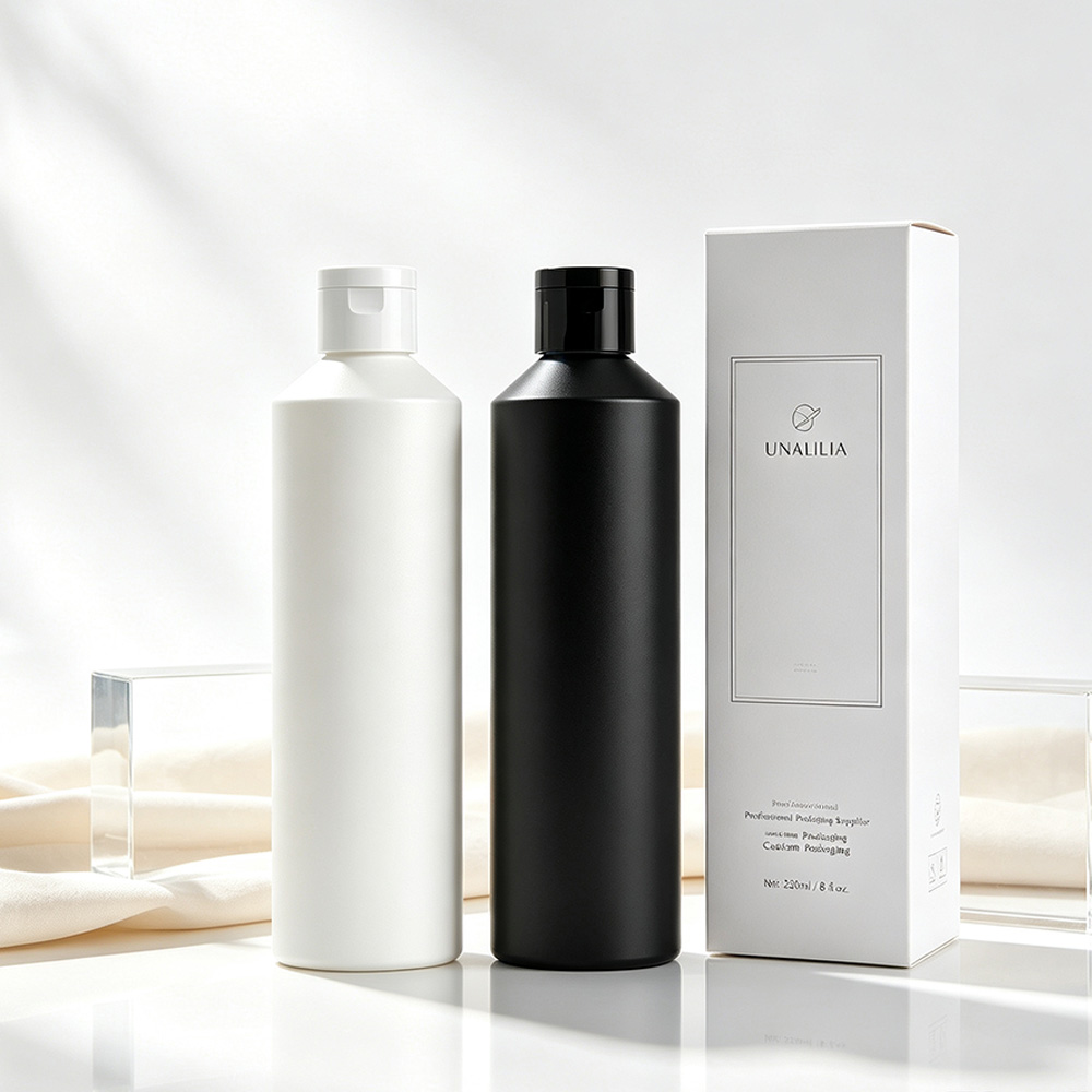 HDPE 250ml slant shoulder flip top squeeze bottle with 24/410 cap and packaging box for shampoo and personal care products