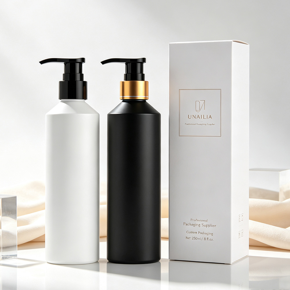 HDPE 250ml slant shoulder lotion pump bottle with 24/410 pump and packaging box for skincare and body care products