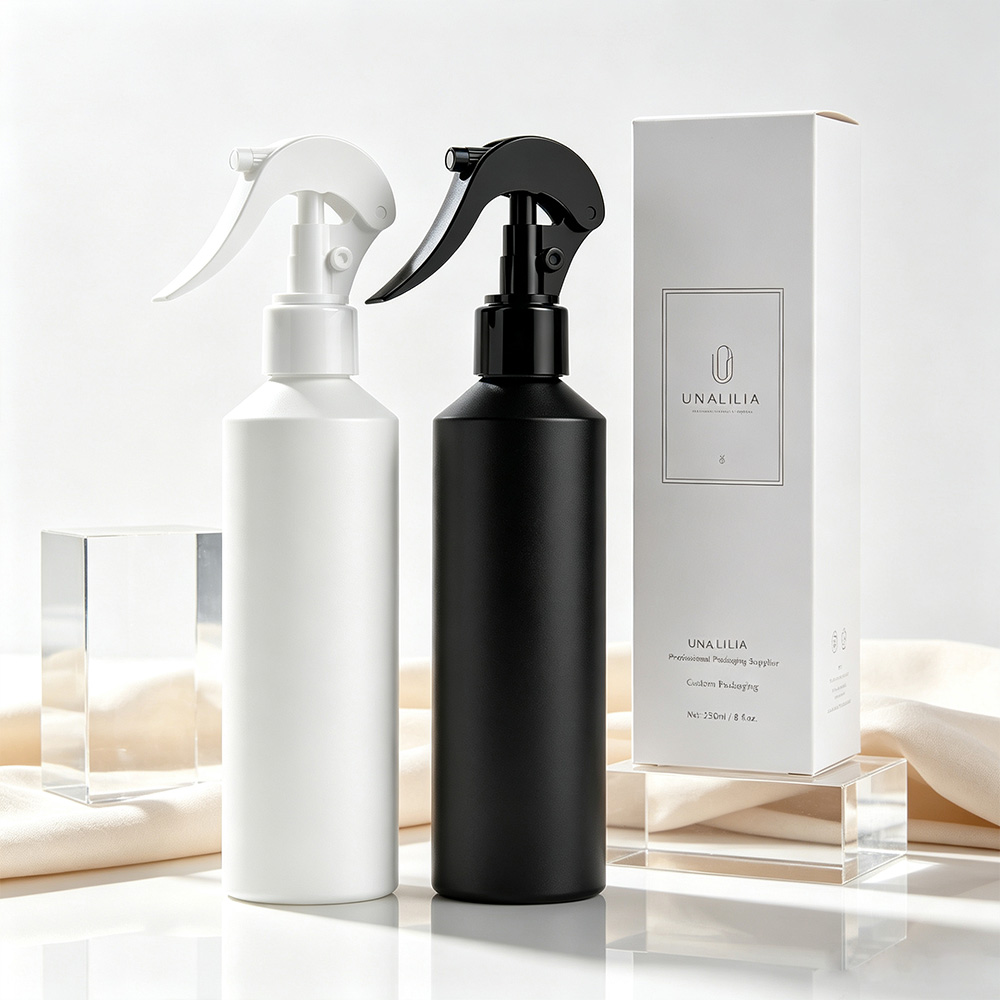 HDPE 250ml slant shoulder trigger spray bottle with 24/410 sprayer and packaging box for cleaning products