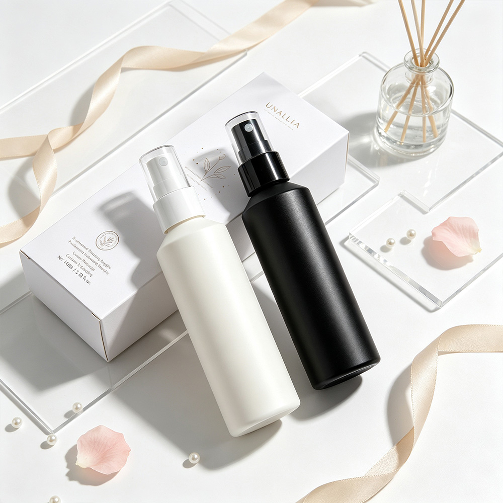 3.38 oz HDPE slant shoulder fine mist spray bottle with packaging box for beauty and personal care products