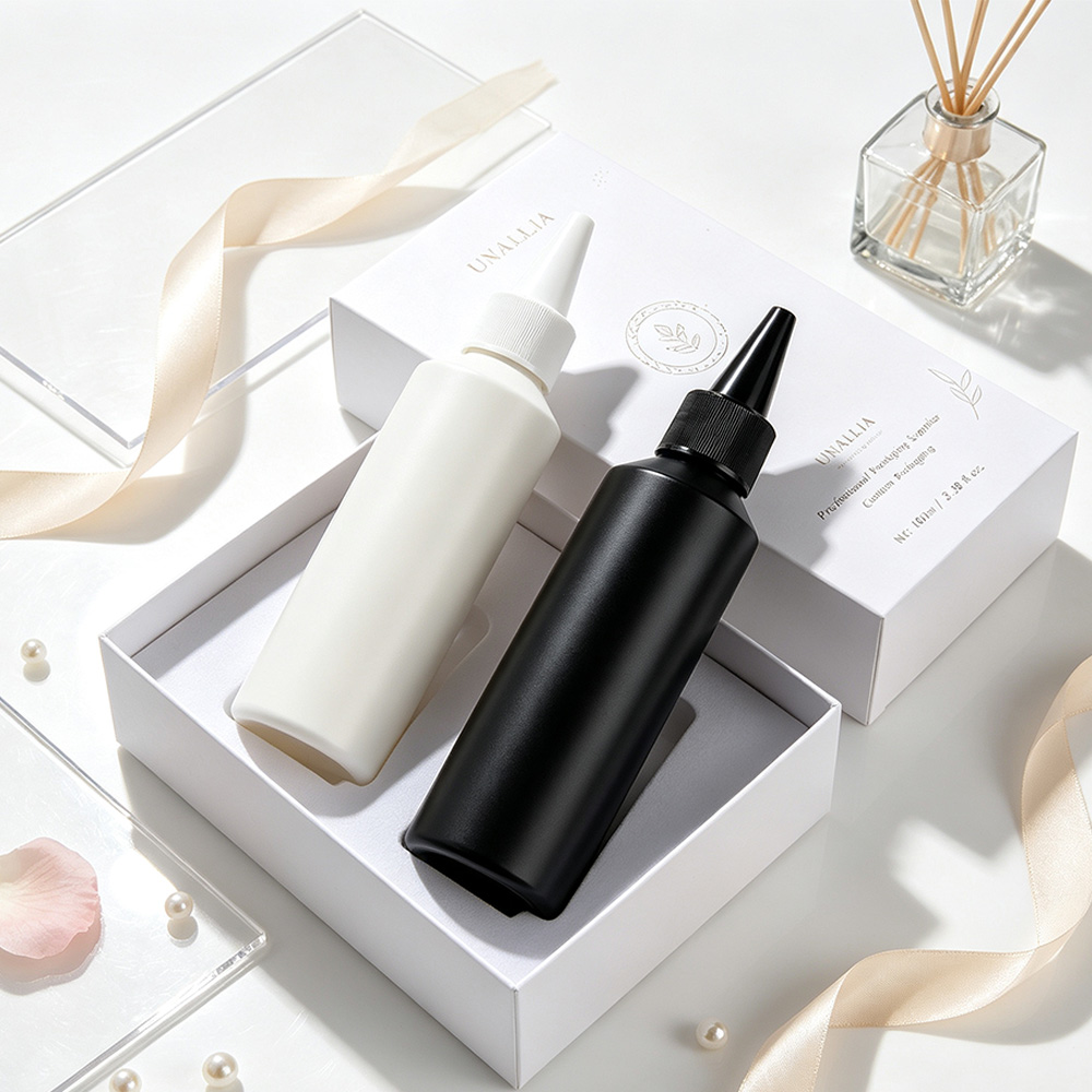 3.38 oz HDPE slant shoulder applicator bottle with twist top cap and packaging box for hair care and salon products