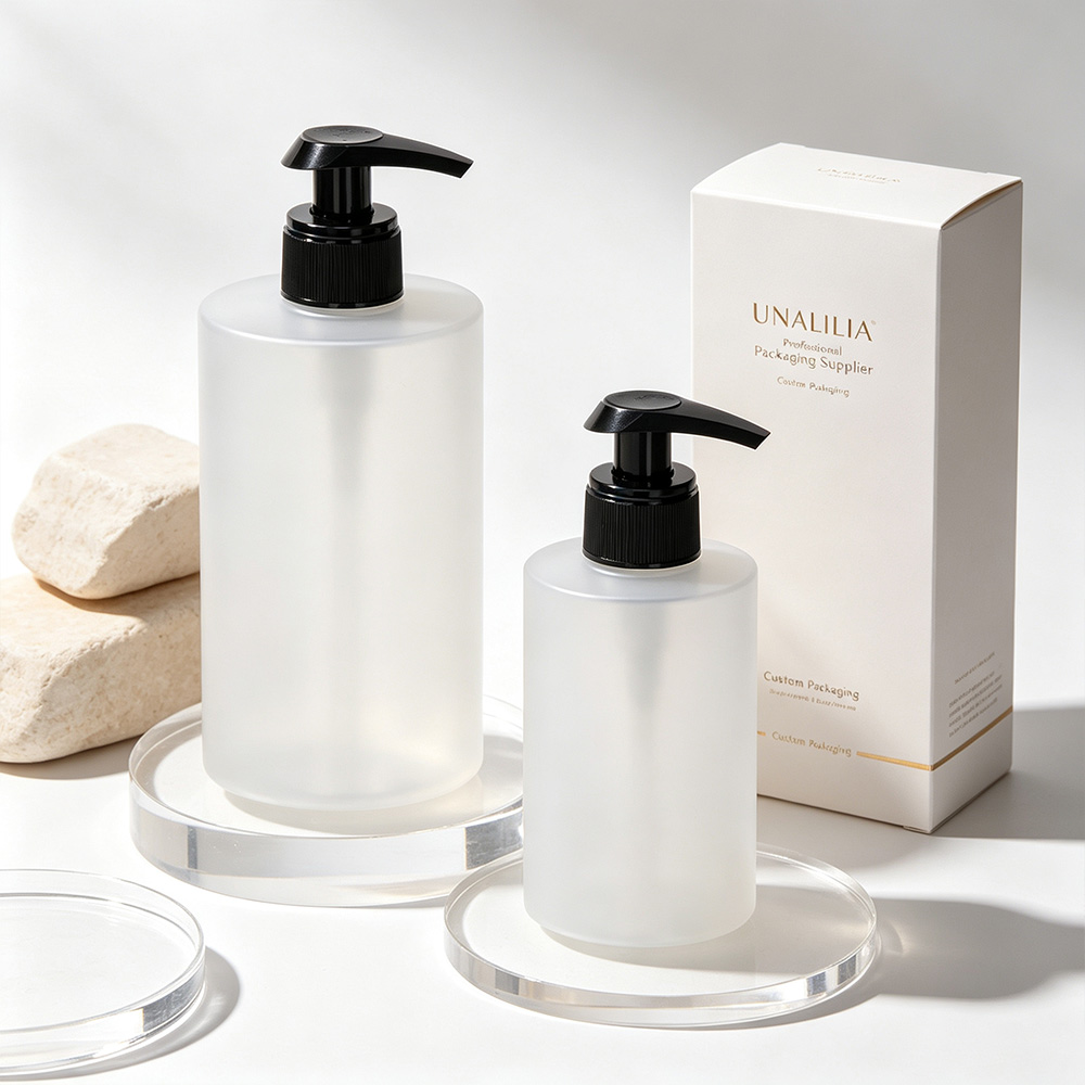 300ml and 500ml frosted PET lotion pump bottles with 28/410 pumps and packaging boxes for skincare and body care products