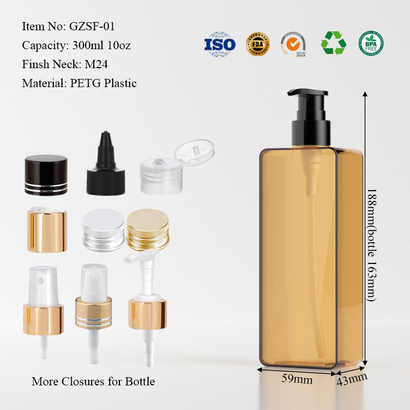 300ml 10 oz PETG rectangular lotion pump bottle dimensions with 24/410 neck finish