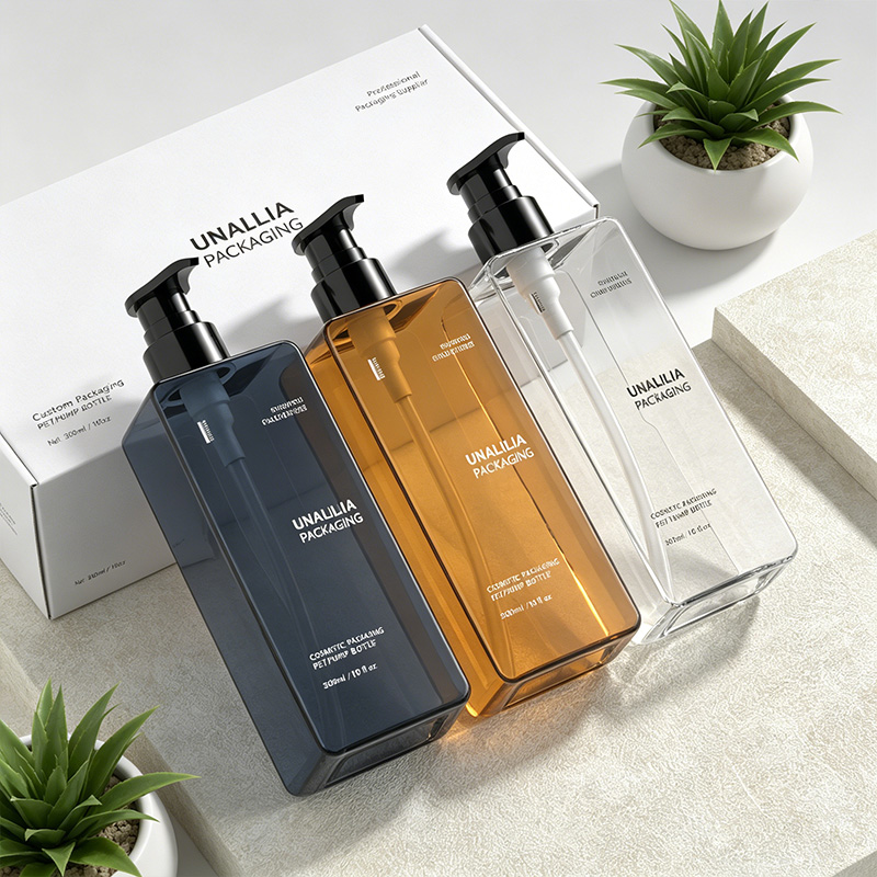 300ml PETG rectangular lotion pump bottle with 24/410 pump and packaging box for skincare and body care products