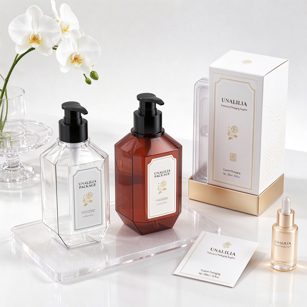 300ml PETG square lotion pump bottle with 28/410 pump and packaging box for skincare and body care products