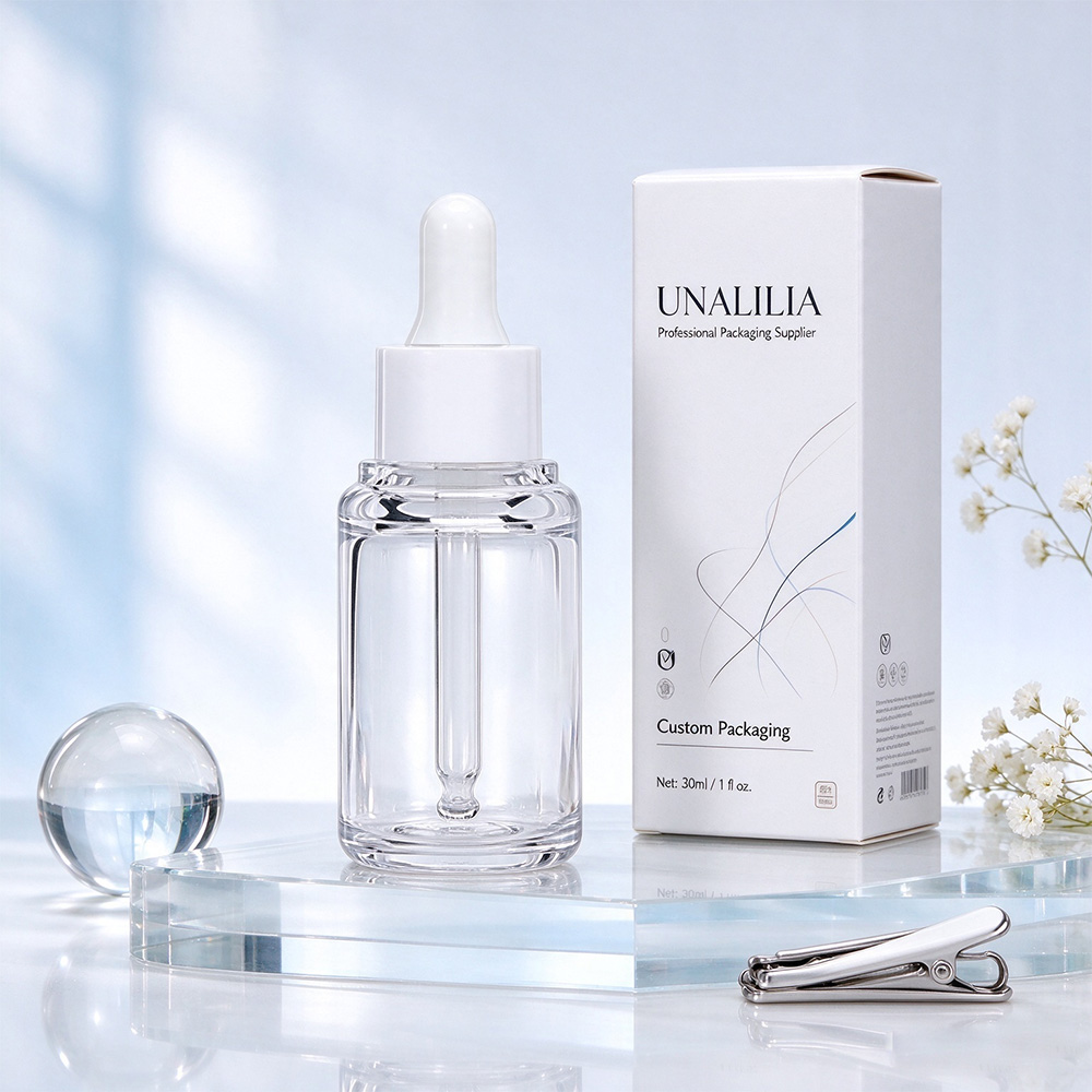 30ml thick wall dropper bottle in clear PET with 20/410 dropper and packaging box for facial serum and skincare products