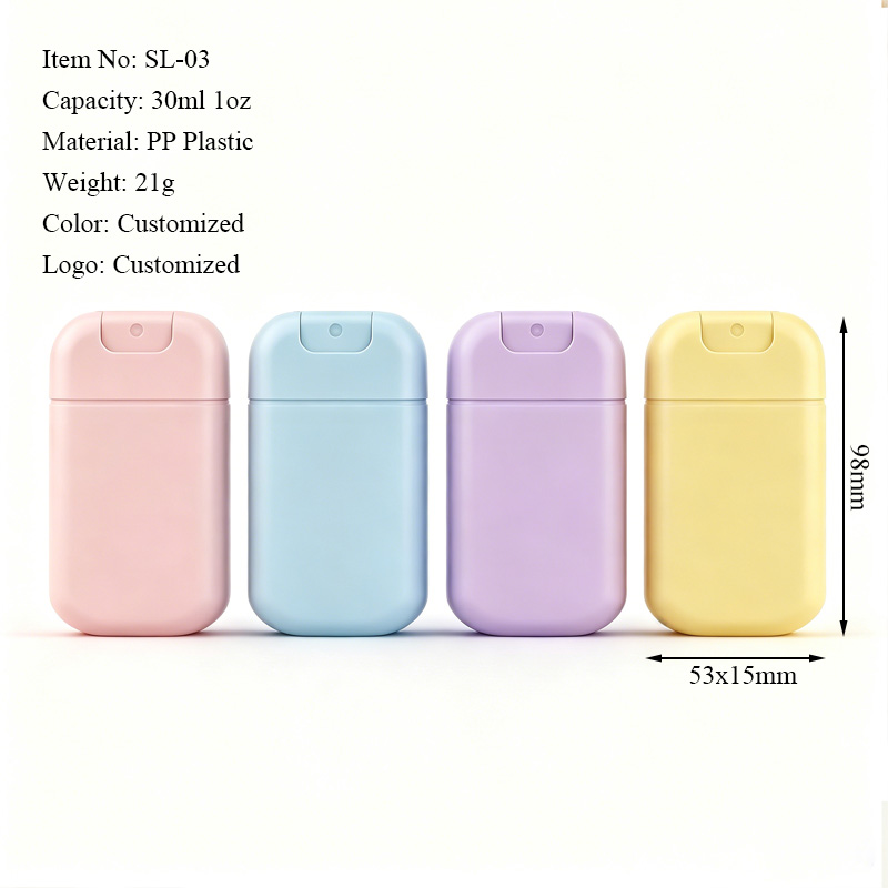 30ml 1 oz PP credit card fine mist spray bottle dimensions showing the compact flat pocket-size design