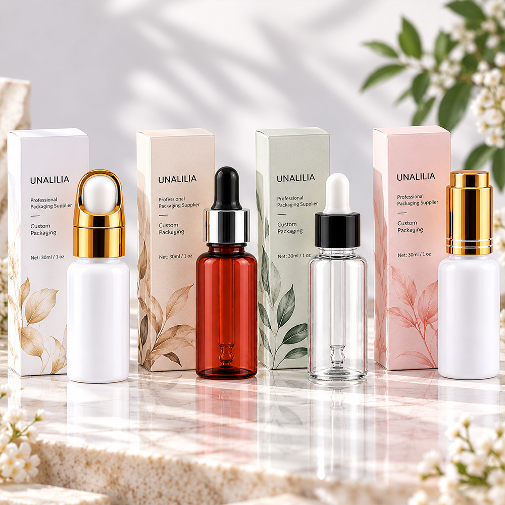 30ml 1 oz PET plastic dropper bottle with 18/410 dropper and packaging box for facial serum and skincare products