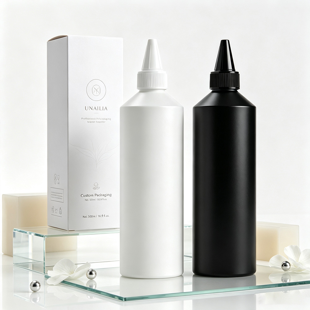 500ml HDPE slant shoulder applicator bottle with 28/410 twist top cap and packaging box for hair and scalp care products