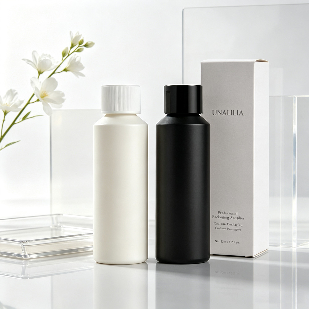 HDPE 50ml slant shoulder bottle with 20/410 screw cap and packaging box for personal care products