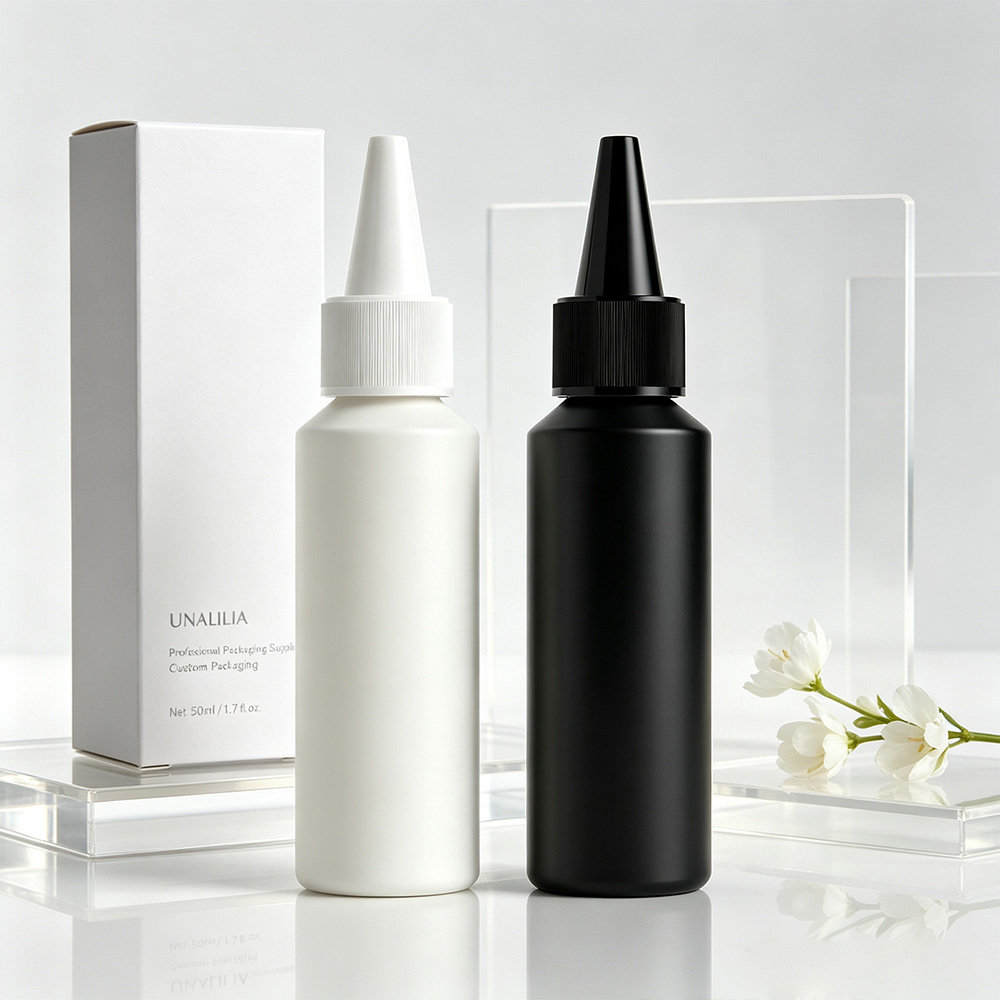 50ml HDPE slant shoulder applicator bottle with 20/410 twist top cap and packaging box for hair and scalp care products