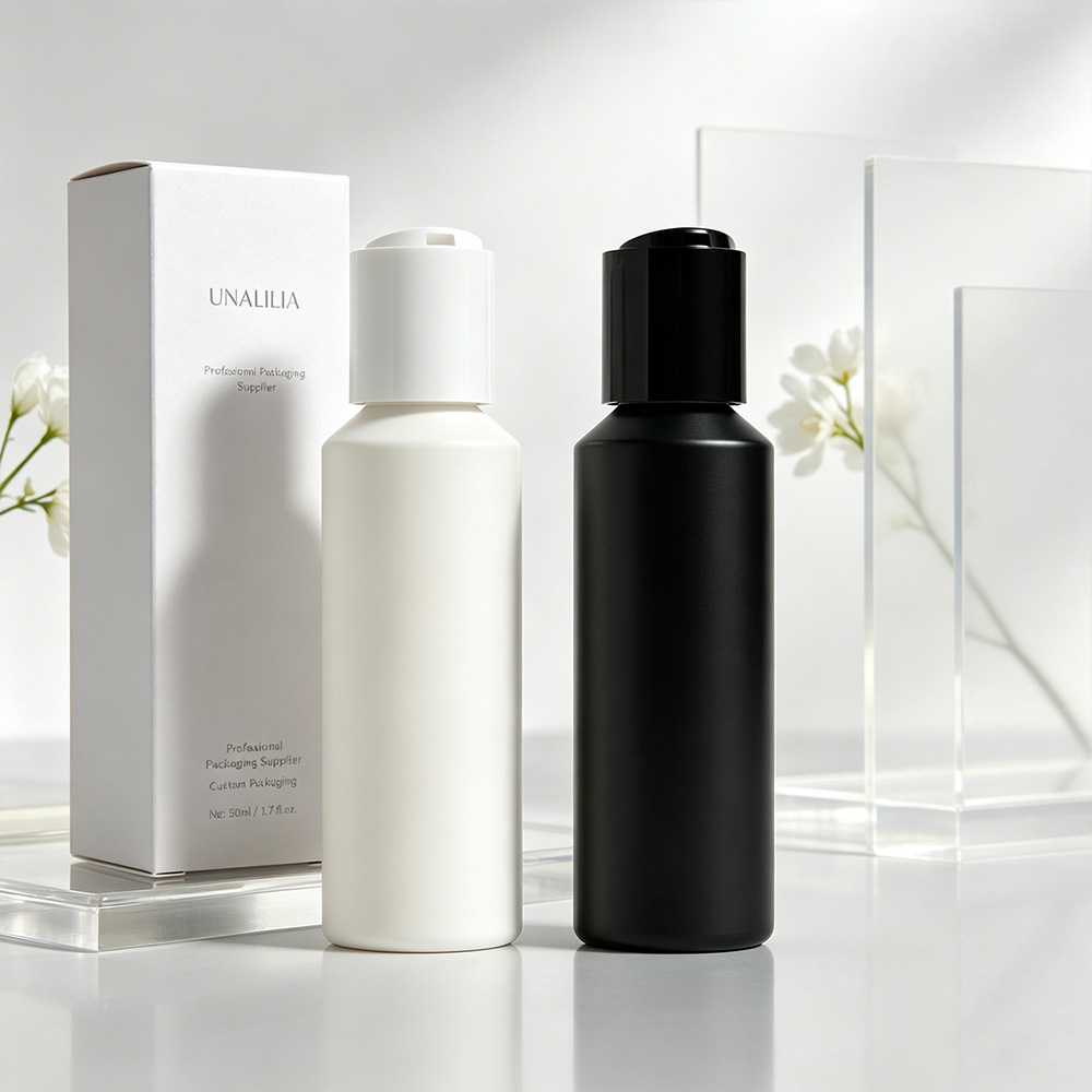 HDPE 50ml slant shoulder disc top squeeze bottle with 20/410 cap and packaging box for personal care products