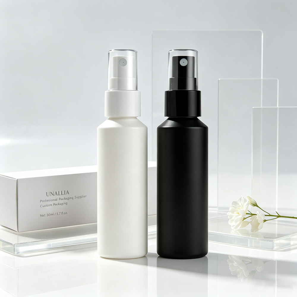 HDPE 50ml slant shoulder fine mist spray bottle with 20/410 sprayer and packaging box for hair care and beauty products