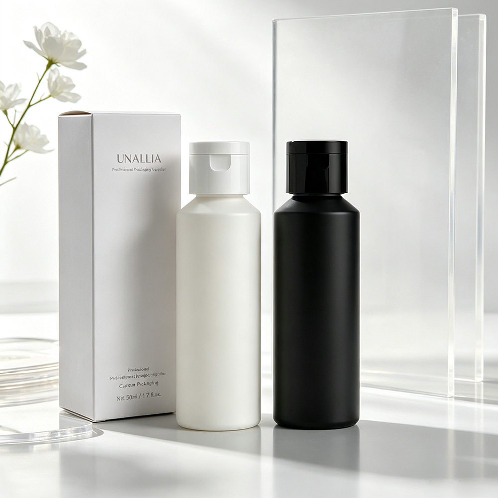 50ml HDPE slant shoulder flip top bottle with 20/410 cap and packaging box for personal care products