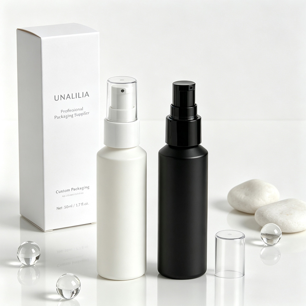 HDPE 50ml slant shoulder treatment pump bottle with 20/410 pump and packaging box for skincare and beauty products