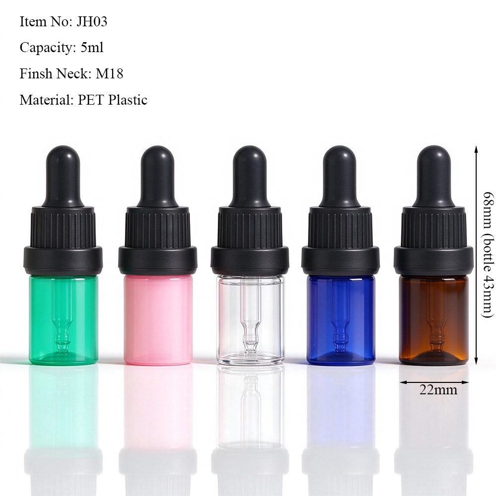 Custom printed 5ml PET plastic dropper bottle for branded serum essential oil and skincare packaging