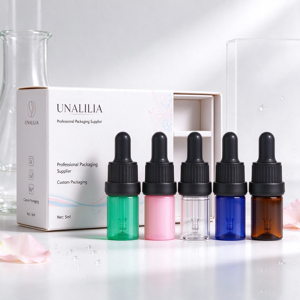 5ml PET essential oil dropper bottle with dropper closure and packaging box for beauty and skincare products