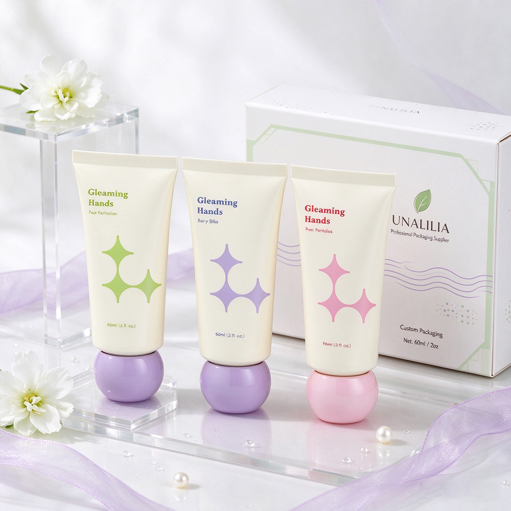 60ml 2 oz off-white PE plastic cosmetic squeeze tube with ball-shaped screw cap and packaging box