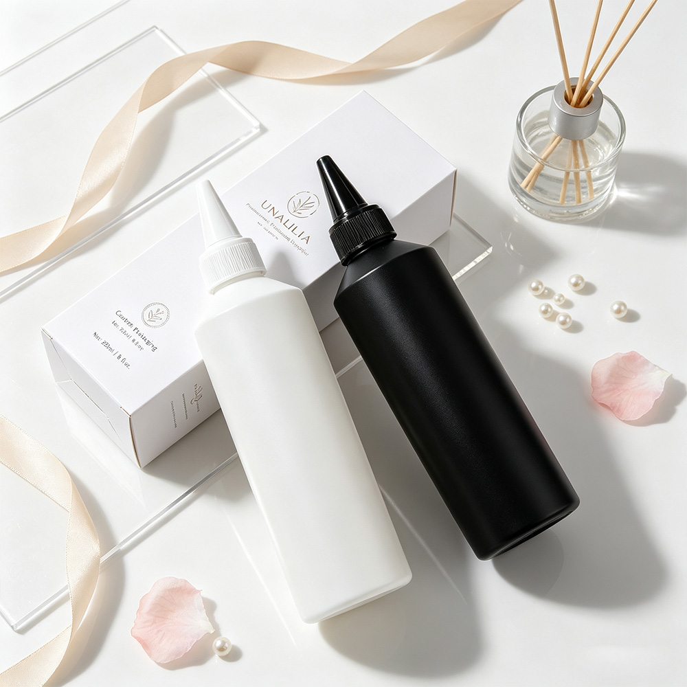 8 oz HDPE slant shoulder applicator bottle with twist top cap and packaging box for hair care and salon products