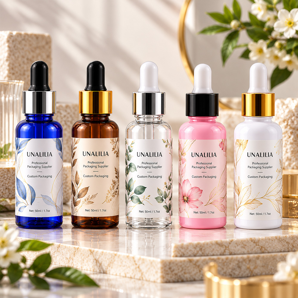 Custom label 1.7 oz PET dropper bottle for private label facial serum skincare oil and beauty packaging