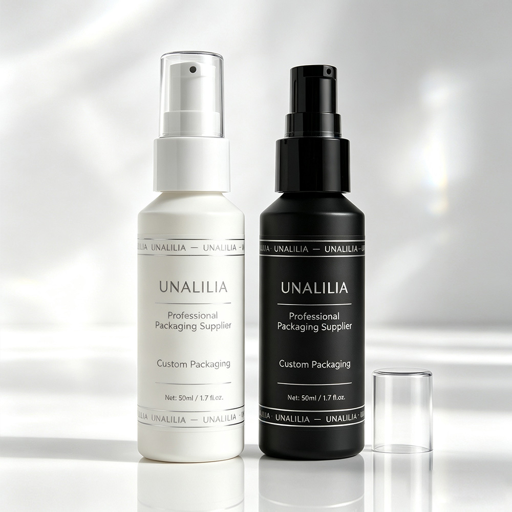 Custom label 50ml slant shoulder treatment pump bottle for private label skincare and personal care packaging