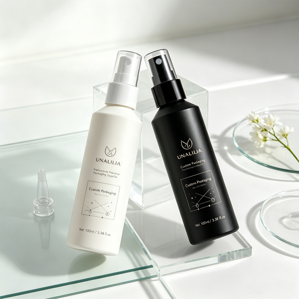 Custom printed 100ml HDPE Slant Shoulder Fine Mist Spray Bottle with logo printing for branded beauty and personal care packaging