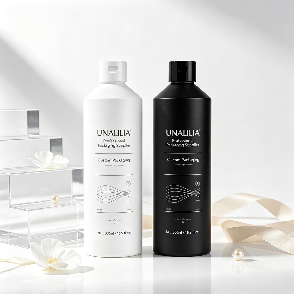 Custom printed 500ml HDPE slant shoulder flip top bottle for branded shampoo and hair care packaging