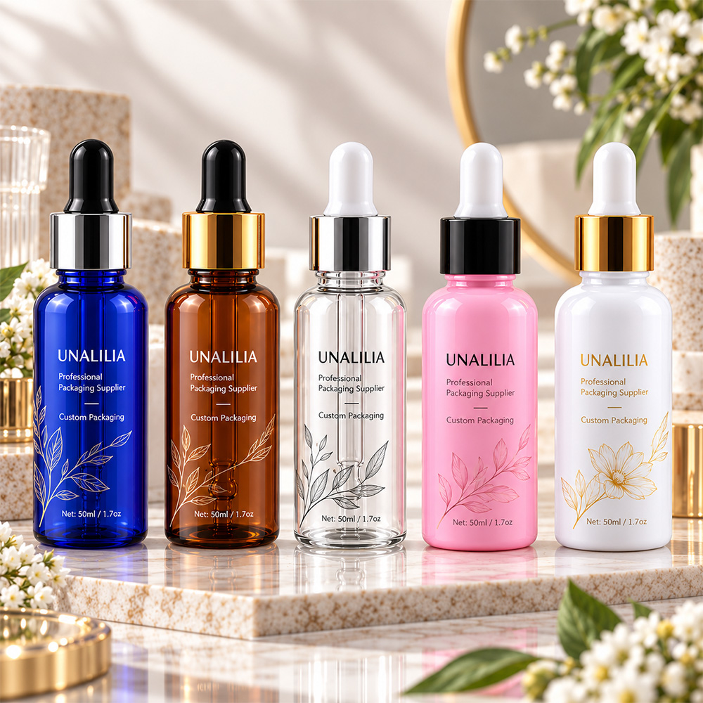 Custom printed 50ml PET plastic dropper bottle for branded facial serum beauty oil and skincare packaging