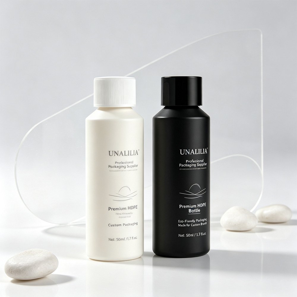 Custom printed 50ml HDPE slant shoulder bottle for branded personal care and beauty packaging