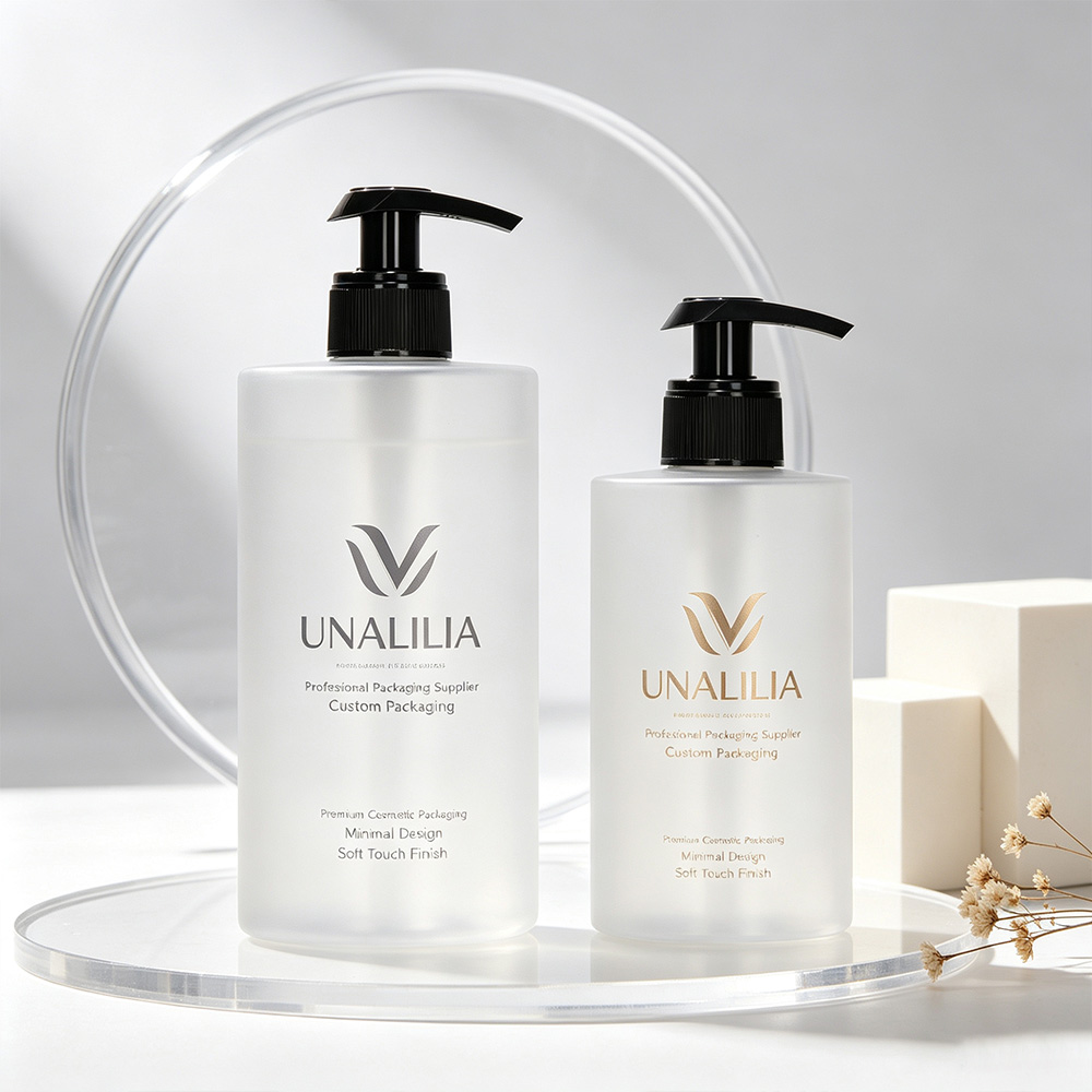 Custom printed frosted PET lotion pump bottle for branded skincare body care and hair care packaging