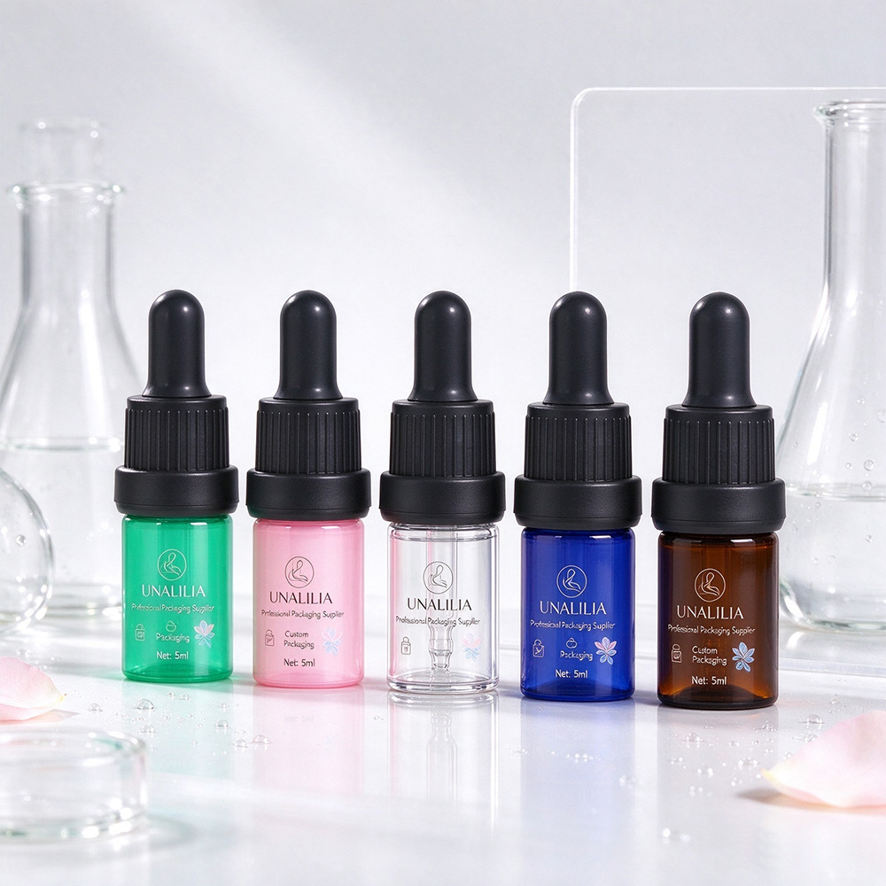 Custom printed 5ml PET plastic dropper bottle for branded serum essential oil and skincare packaging